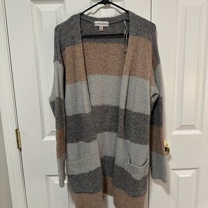 Knox Rose Striped Open-Front Cardigan in Gray & Brown